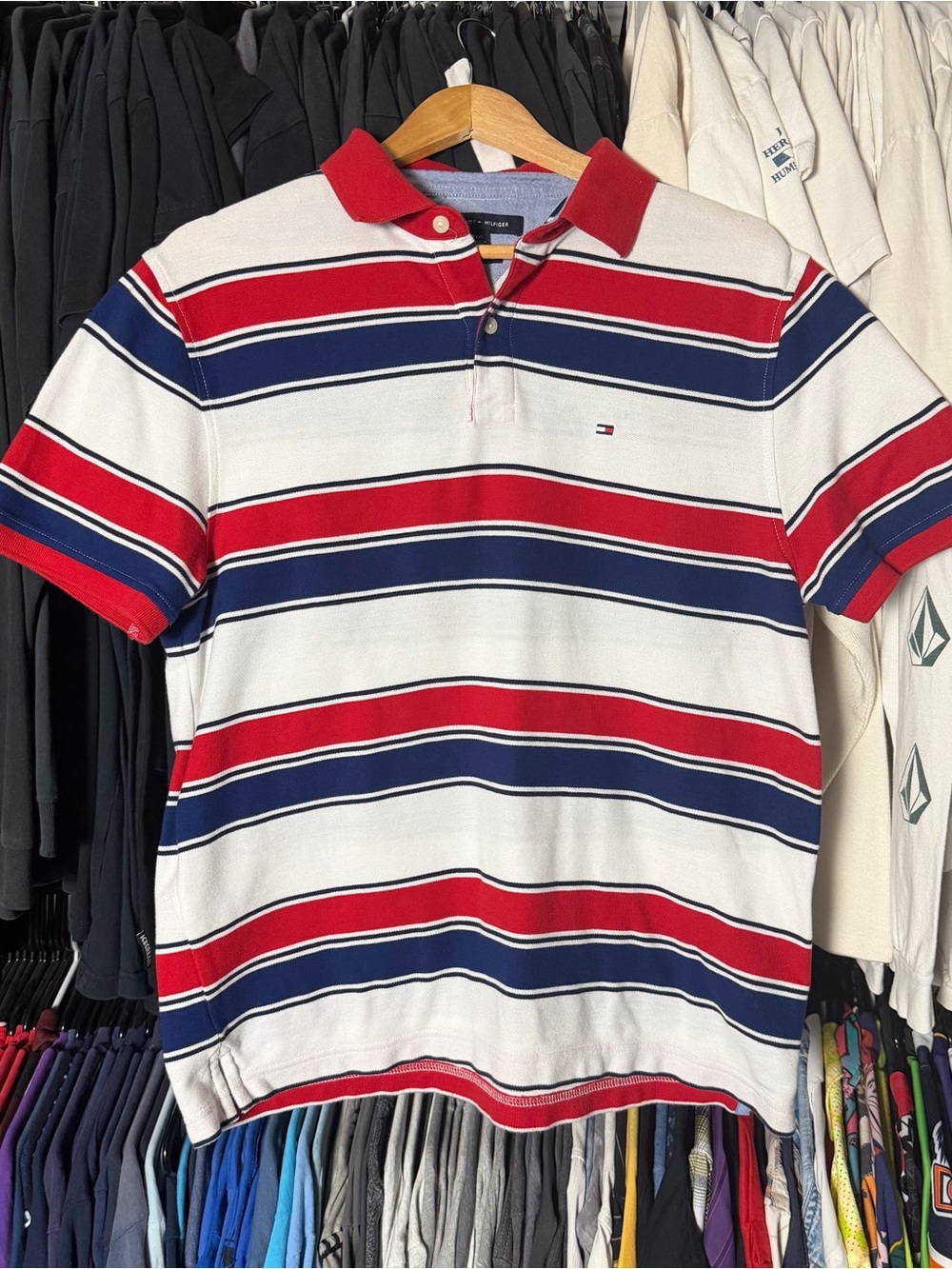 Tommy Hilfiger Striped Polo Shirt Men’s Large White Red Blue Retro Hip Hop Golf